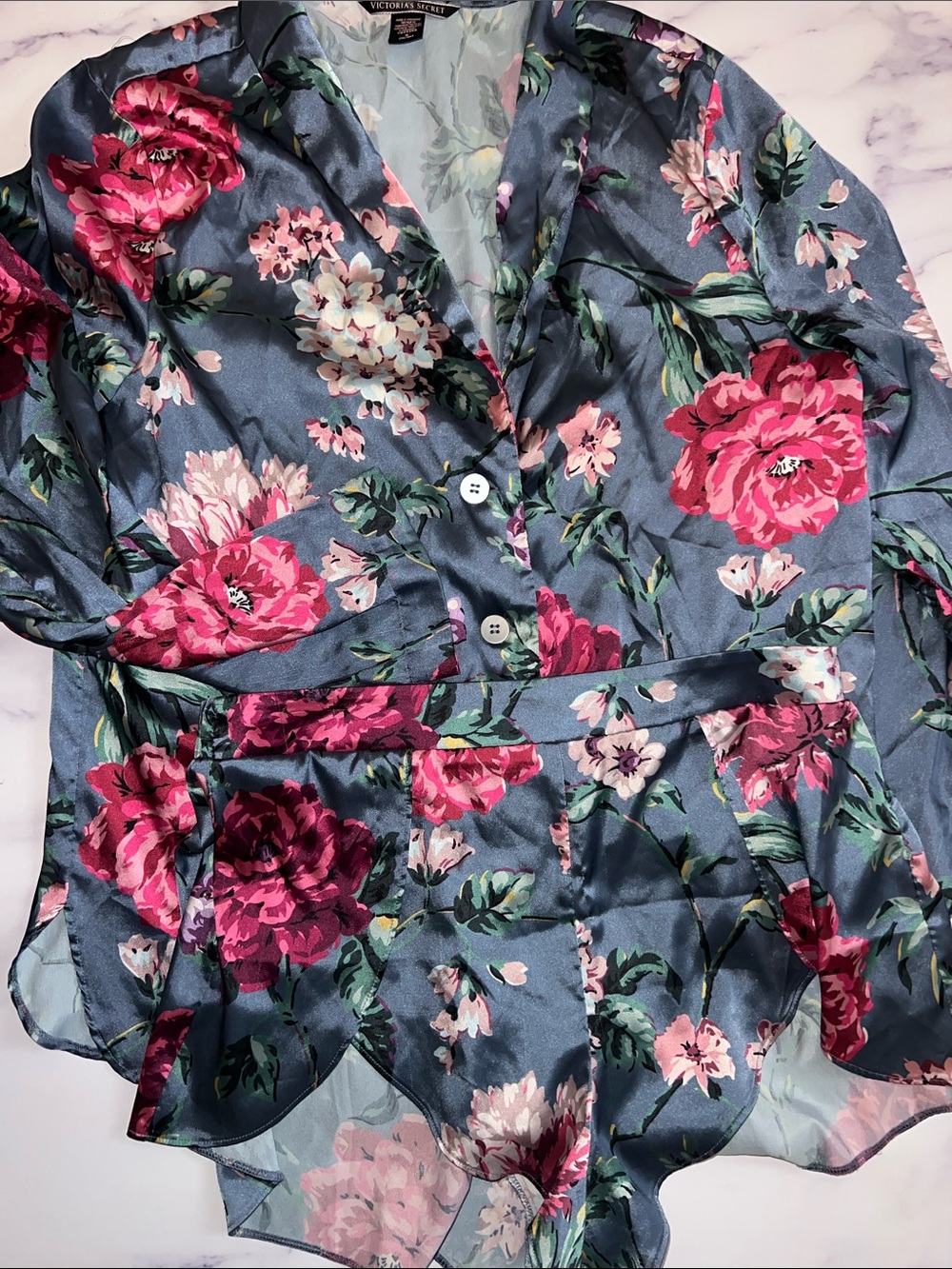 Victoria's Secret Blue Satin Grey Floral pajama  Blooms top & shorts Medium